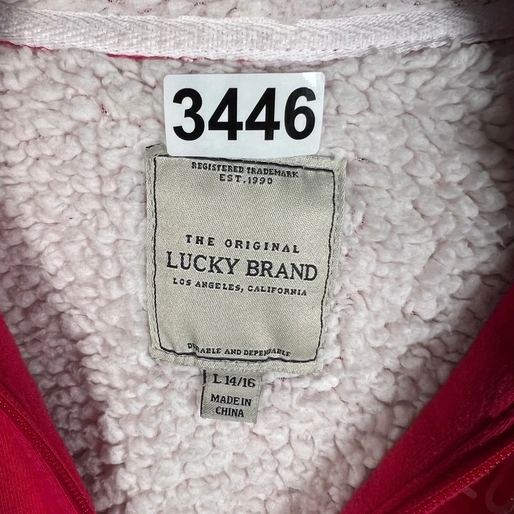 Lucky‎ Brand Girls Red Sherpa Lined Full Zip Hoodie Heart Graphic Size L 14/16